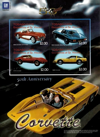 Tobago Cays 2003 - Corvette, 50th Anniversary, Classic Cars - Sheet of 4v - MNH Cover