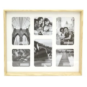 Natural Wooden Box Style 6 x Aperture Multi Photo Frame With Mount - Picture 1 of 4