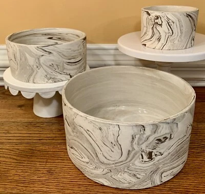 Set Of 3 Urban Outfitters BLACK & WHITE MATTE MARBLE Pots: Stoneware • Planter - Image 1 of 4
