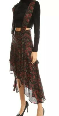 I R O Jeans Black Flower High Low 100% Silk Loeva Suspender Skirt Size 34  - Image 1 of 4