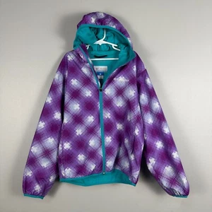 Columbia Girls Medium Rain Jacket Hood Fleece Lined Purple White Lightweight - Picture 1 of 5