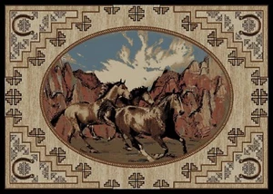 Great Escape Area Rug Runner Lodge Cabin Wild Horses Stallions Beige Desert - Picture 1 of 5