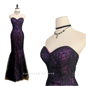 Vintage Prom Dress Maxi Gown 6 Black Purple Lace Y2K Glam Mermaid Strapless Ball - Picture 1 of 12