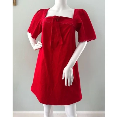 Smith & Quinn Red Corduroy Scallop Puff Sleeve Babydoll Mini Dress size Small  Foto 1 de 4