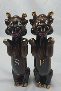 Salero y pimentero cuello largo vacas esmalte por goteo marrón antropomórfico Japón - Imagen 1 de 9