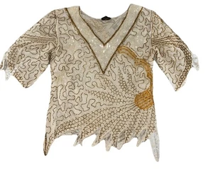 VTG Linsiano Top Women's S Ivory Gold Pure Silk Sequin Beaded Retro Gypsy Boho - Picture 1 of 16