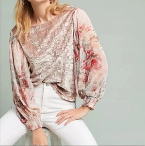 Top Meadow Rue Anthropologie Rosa Floral Manga Globo Terciopelo Aplastado XS - Imagen 1 de 8