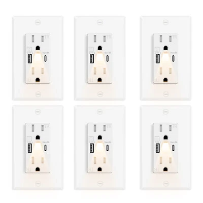 6-Pack USB C+A 24W Fast Charging Outlets, 4.8A, LED Night Light, On/Off Switch - Image 1 of 4