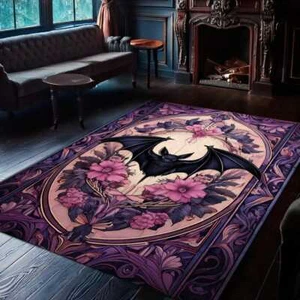 Bat Rug For Gothic Room Decor, Dark Academia Bat In Flowers Rug, Bat Decor, Spoo - Picture 1 of 5