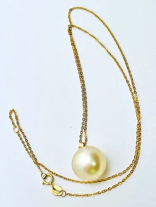 18k Gold Natural Large Tahitian Champagne 14mm Round Pearl Pendant 18" Necklace - Picture 1 of 9