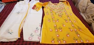 Pakistani / Indian Women's Yellow Hand Embroidered Lawn / Cotton 3 Piece Suit  - Picture 1 of 11