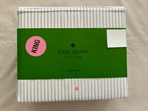 NEW 4pc Kate Spade King Sheet Set Grey Pin Stripes & Tiny Pink Hearts All-Over - Picture 1 of 3