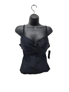 Island Escape Tankini Bikini Swim Top Women's 8 Swimsuit Black Cross Front Strap - Picture 1 of 11