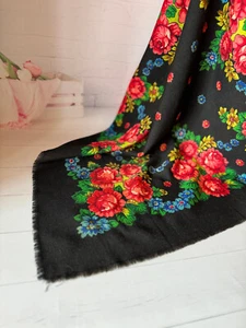 Vintage black wool floral babushka scarf, Ukrainian folk shawl, Retro scarves - Picture 1 of 10
