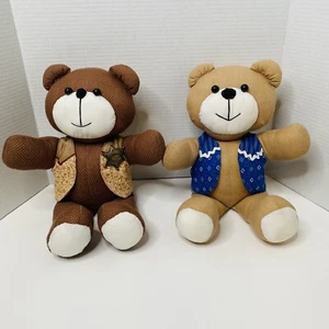 Vtg Handmade Quilt Stuffed PAIR 2 Teddy Bear Sherrie Western Polka Dots NICE - Picture 1 of 18