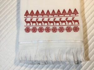 Set/2 asciugamani cucina natalizi ricamati rossi "renna" 100% cotone bianco NUOVI - Foto 1 di 8