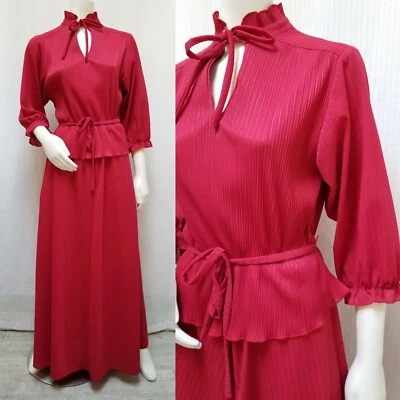 Vintage 1970s Fuscia Red Pleated Stripe Peplum Maxi Dress w/ Tie Belt - Size M/L - Image 1 of 4
