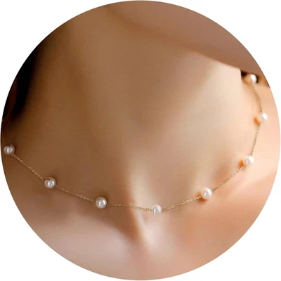Pearl Necklaces for Women, Gold Pearl Choker Dainty Single Pearl Necklace Layere - Image 1 of 4