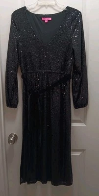 Betsey Johnson Sz. M Black Sequin Gown, Side Slits, Waist Tie, V-neckline  - Image 1 of 4