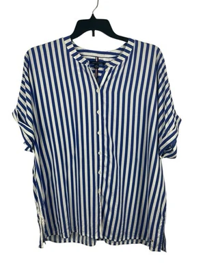 Blusa Tommy Hilfiger feminina XXL azul branca listra vertical botão frontal - Imagem 1 de 4