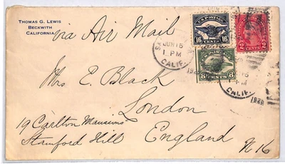 USA AIR MAIL 16c #C5 Cover 8c #C4 (Beckwith) CALIFORNIA 1926 NYC London YH322 - Image 1 of 4