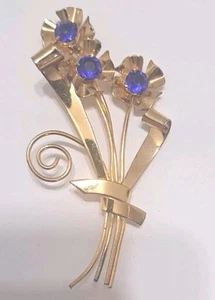 Vtg CORO Vermeil Brooch Blue Floral RHINESTONE Curved Ribbon Art Deco 3" Pin 366 - Picture 1 of 5