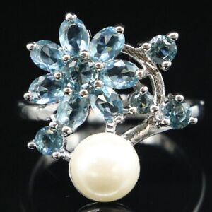 Beautiful Created Blue Topaz White Pearl Jewelry For Woman's Silver Ring 9.25