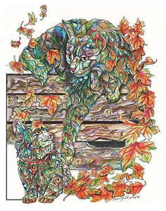 Fall CAT with Kitten 8x10 CAT print by Artist Sherry Shipley - Picture 1 of 1