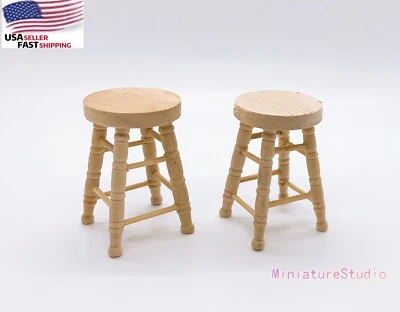1/12 Dollhouse Miniature 2pcs/Set Unfinished Natural Wood Bar Stool Furniture - Image 1 of 4