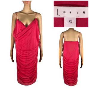 Leith Women 2X Crossover Front Ruched Dress Red Raspberry Midi Nylon Spandex NWT - Picture 1 of 12