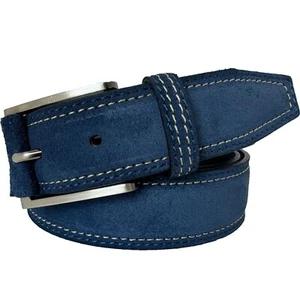 MENS ITALIAN SUEDE LEATHER BELT BLUE WITH CREAM CONTRAST STITCH S M L XL XXL - Picture 1 of 2