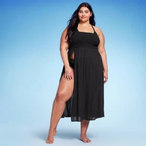 Damen 1X gesmoktes wandelbares Kleid mit hohem Schlitz Cover Up Rock Wild Fable™ schwarz - Bild 1 von 5