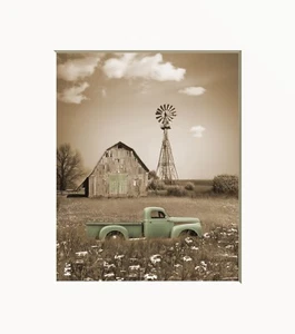 Sage Green Brown Wall Art, Farmhouse Decor, Barn Vintage Truck Matted Wall Art - Picture 1 of 9