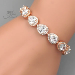 Tennis Bracelet Cubic Zirconia Clear Teardrop ROSE GOLD Plated Wedding Bridal 75 - Picture 1 of 5