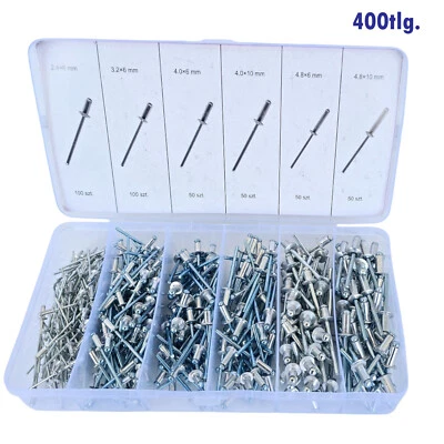 FALON TECH 400tlg Blindnieten Set Alu Nieten Sortiment in Box Popnieten 2,4 3,2 4 4,8 Flach