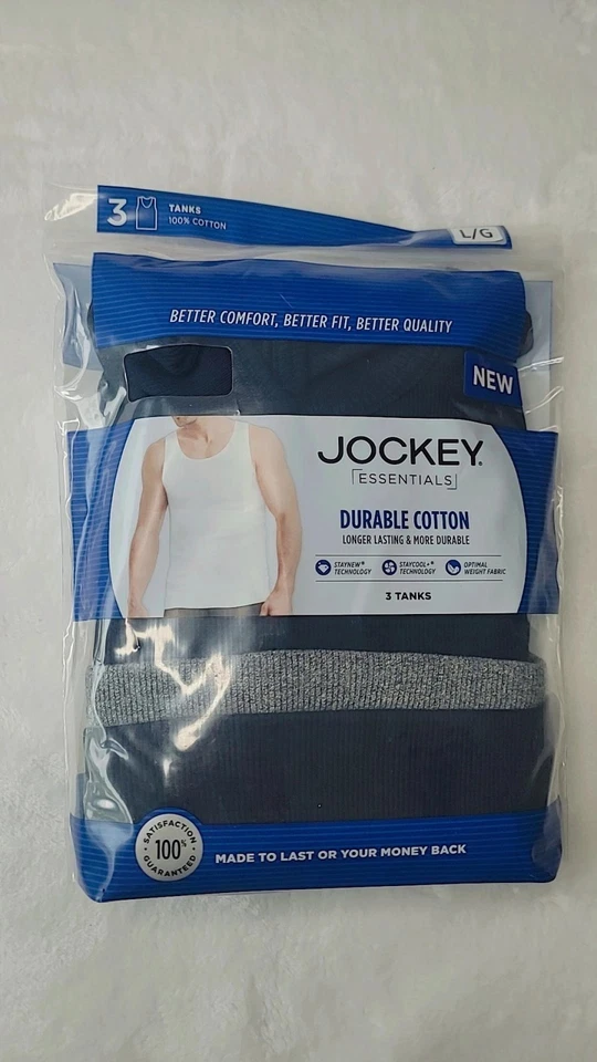 Jockey Essentials Mens White Durable 100% Cotton Tank Top 3-Pack Size L - Image 1 of 4