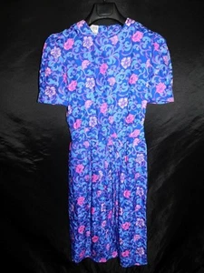 Vintage 80s Maggy London 4P Blue Purple Floral Silk Dress Midi Short Sleeve P4 - Picture 1 of 8