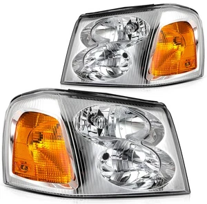 Headlight Assembly For 2002-05 GMC Jimmy 2002-2009 GMC Envoy Pair Chrome Housing - Picture 1 of 10