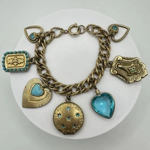 Germany vintage Victorian Revival gold tone blue turquoise glass charm bracelet - Picture 1 of 10