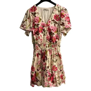 Abercrombie & Fitch Dress L Tall Floral Linen Blend Smocked Waist Tiered Mini - Picture 1 of 9