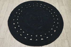 4x4 Black Round Jute Rug Hand Braided Natural Circle Carpet Doormat Dining Room - Picture 1 of 13