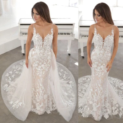 Vestidos de novia de sirena con cuello en V apliques de encaje sin espalda línea A vestidos de novia de tul Foto 1 de 4