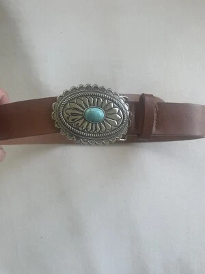 Cinturón Concho imitación plata con hebilla turquesa sintética en cinturón marrón S-M NNT Foto 1 de 4