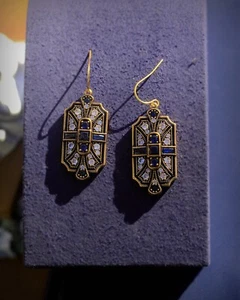 Orecchini Gancio Dorato Antico Arte Deco Rettangolo Zirconia Cubica Blu SC1 - Foto 1 di 9