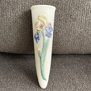 Vintage Art Nouveau WELLER POTTERY Matte Off White Iris Floral Wall Pocket 8.5” - Picture 1 of 19