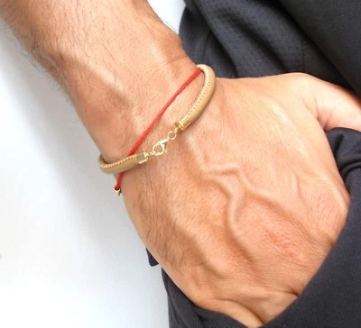 Pulsera brazalete con cordón de cuero camello oro macizo 14k 5 mm hombre mujer cuerda Foto 1 de 4