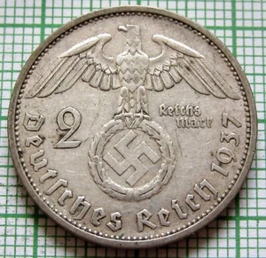 GERMANY THIRD REICH 1937 F 2 REICHSMARK HINDENBURG & Eagle with Swastika SILVER - Picture 1 of 6