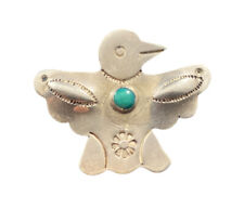 Native American Sterling Silver & Turquoise Thunderbird Brooch Etched Fine Pin