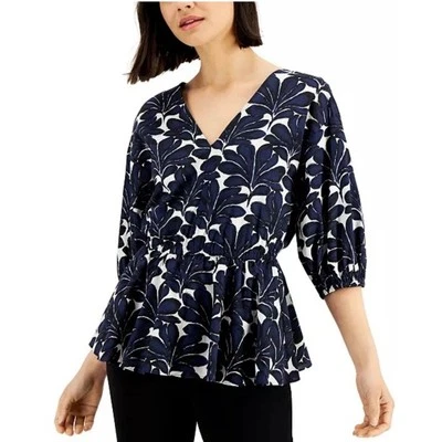 Top de gasa de algodón floral DONNA KARAN para mujer XS blanco azul negro ligero NUEVO Foto 1 de 4