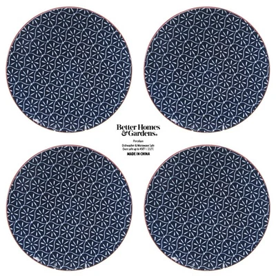 Better Homes & Gardens PIERS BLUE 10.5" Dinner Plate Set 4pc Blue White Flowers - Image 1 of 4
